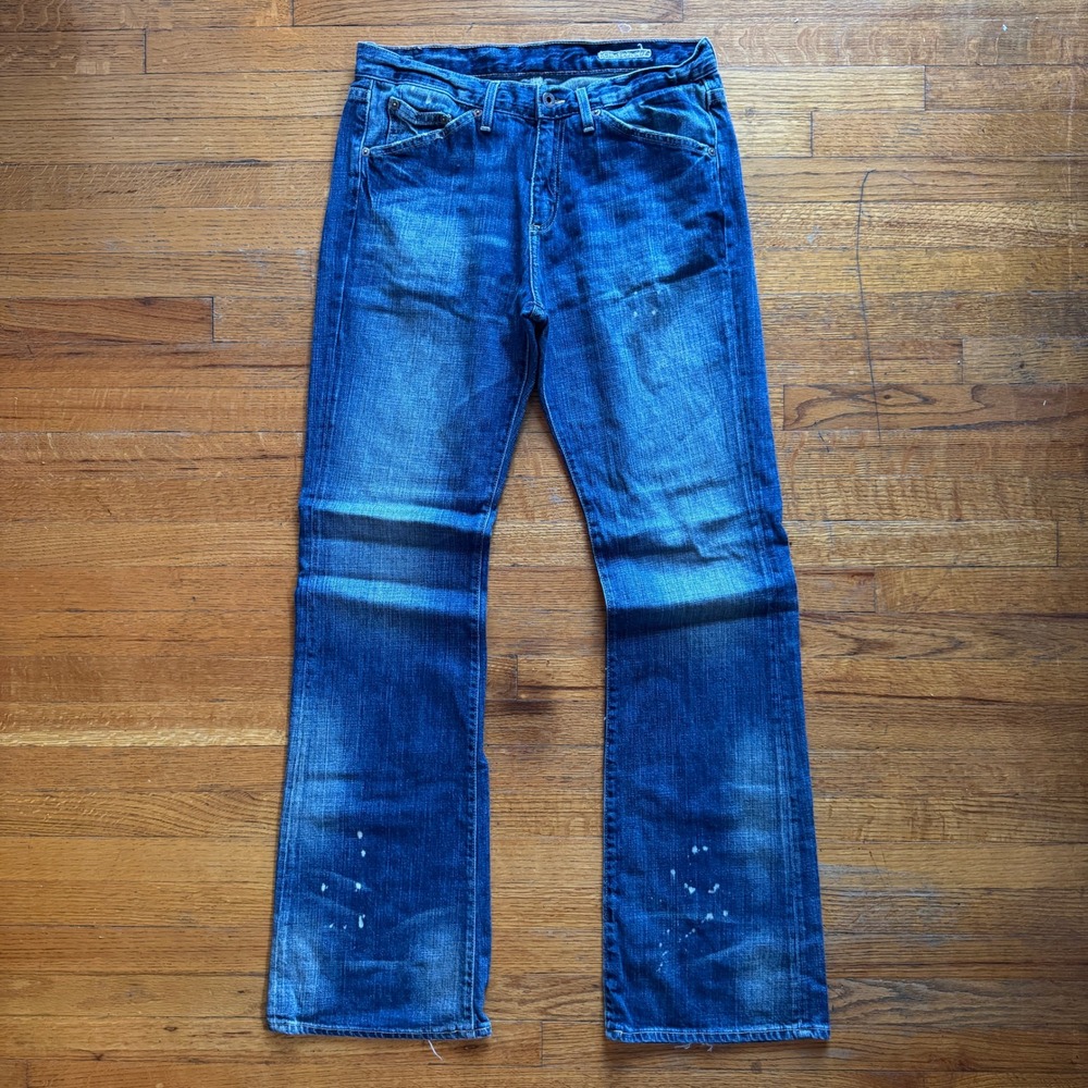 Chip & Pepper Bobby Baby Mens Bootcut Jeans Blue Distressed Paint Splatter 31x32